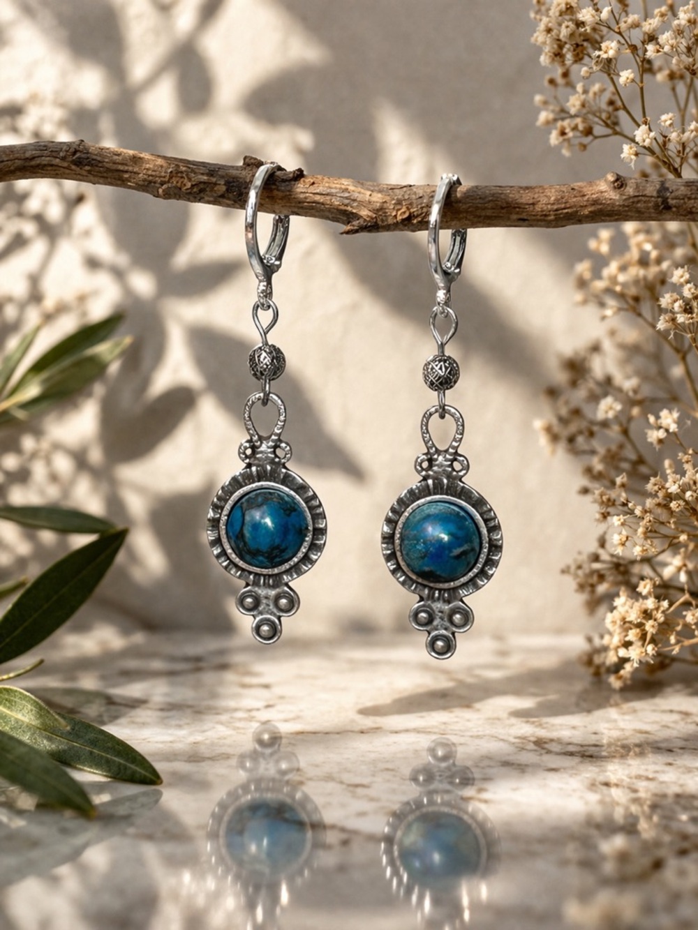 Boho Blue Stone Earrings Silver Dangle Bezel Set
